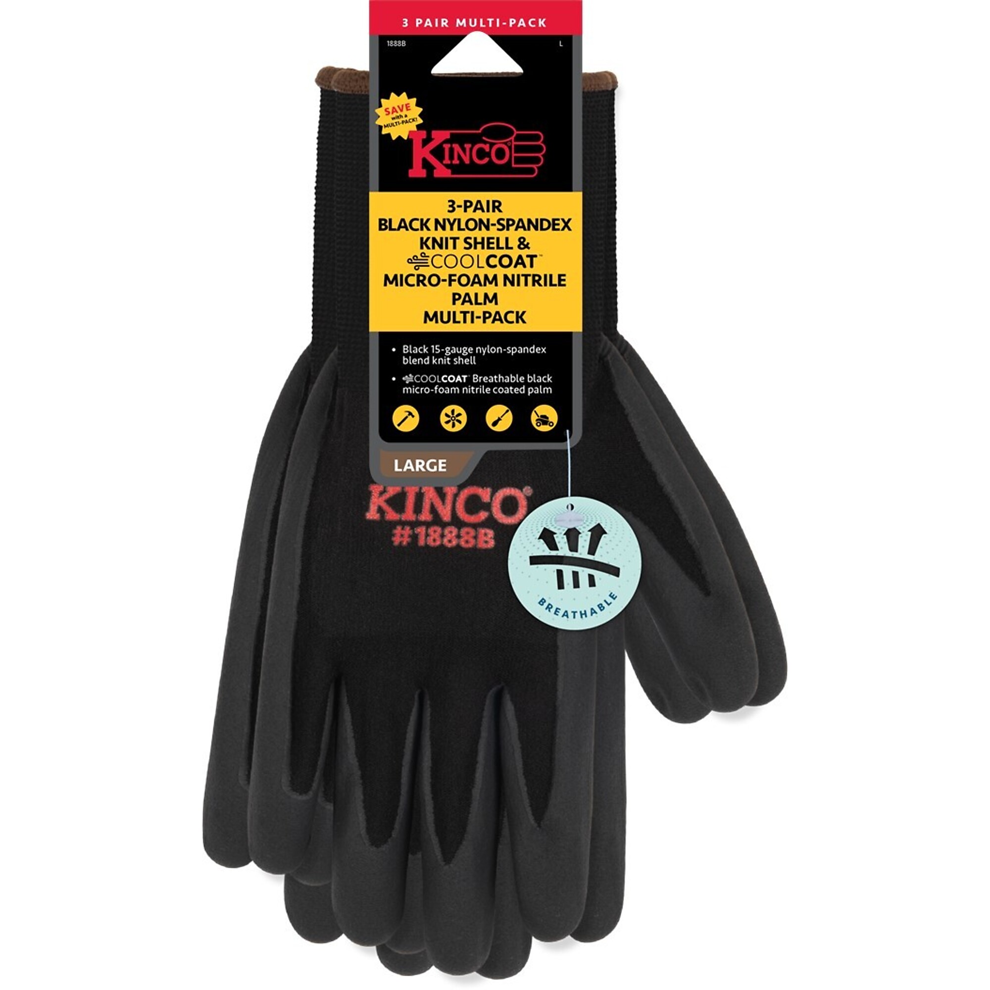 Kinco 15GA Nylon Span Blend Nitrile Coat Plm, BL, 3PK, L